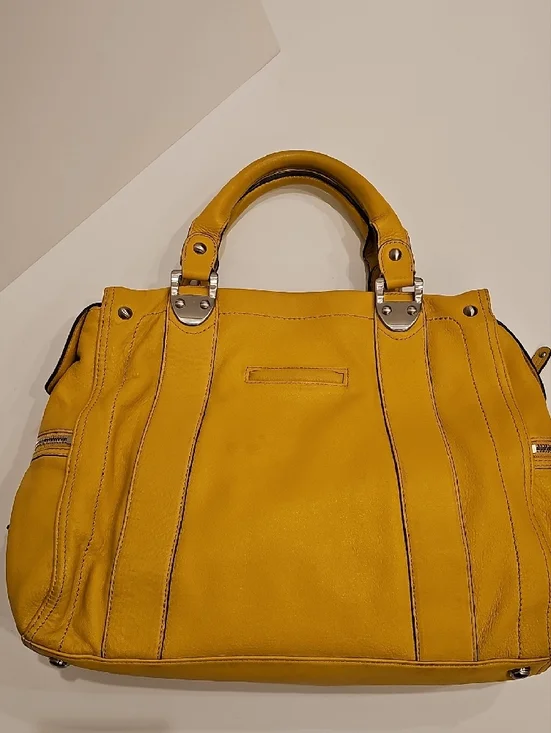 b. makowsky Yellow Leather Shoulder Satchel 15"x12"x4" - Picture 8 of 13